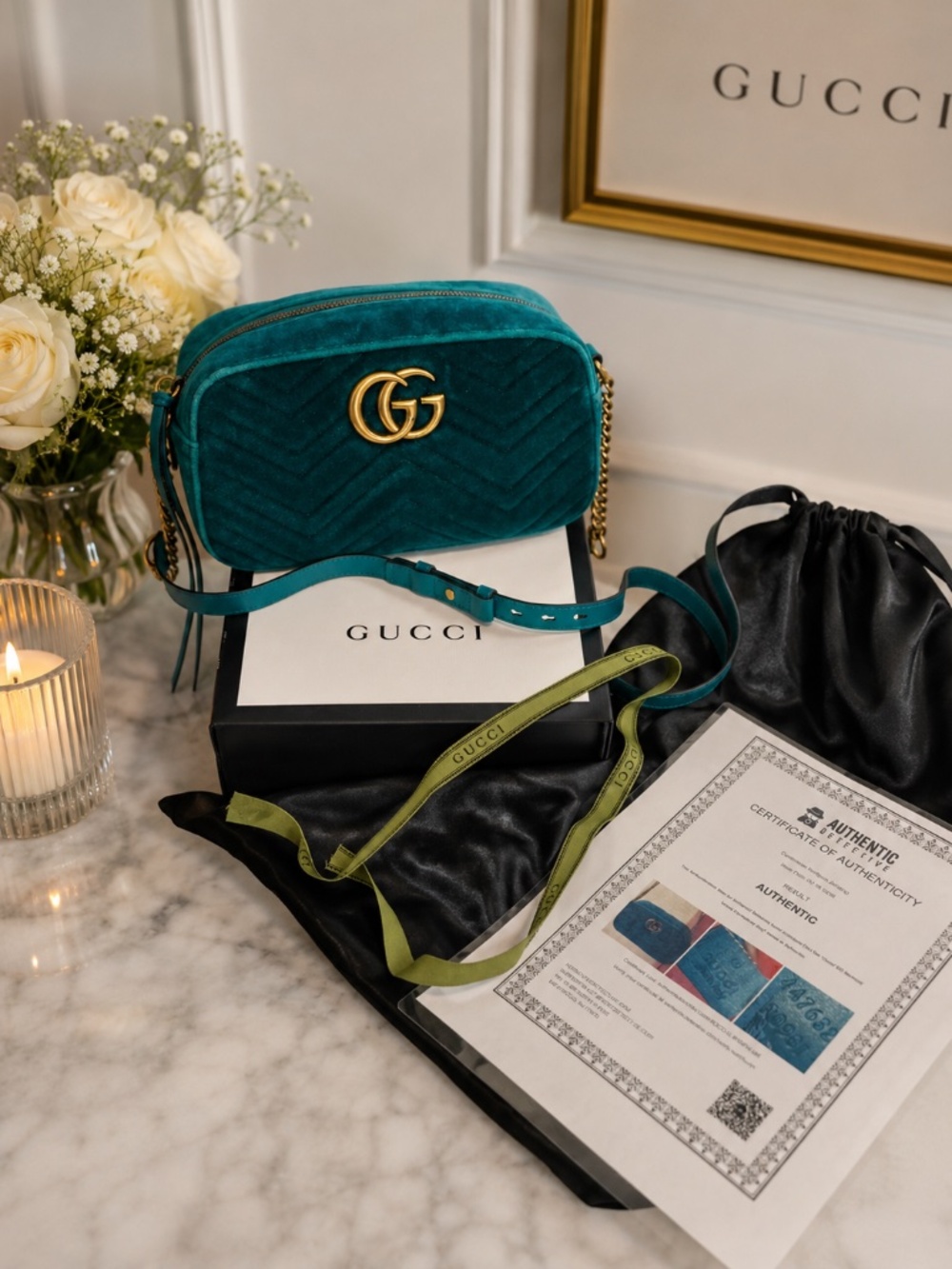 GUCCI MARMONT BLUE VELVET SHOULDER CROSSBODY BAG